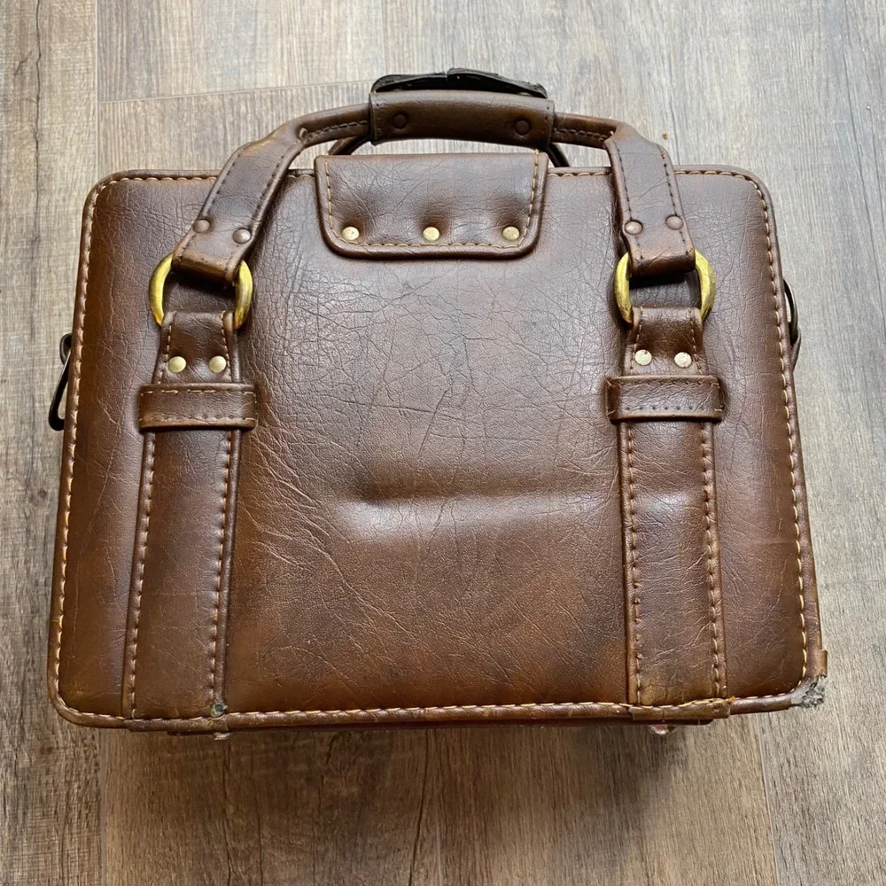 Vintage Brown Faux Leather Briefcase Camera Case Box Bag Brass Hardware Retro